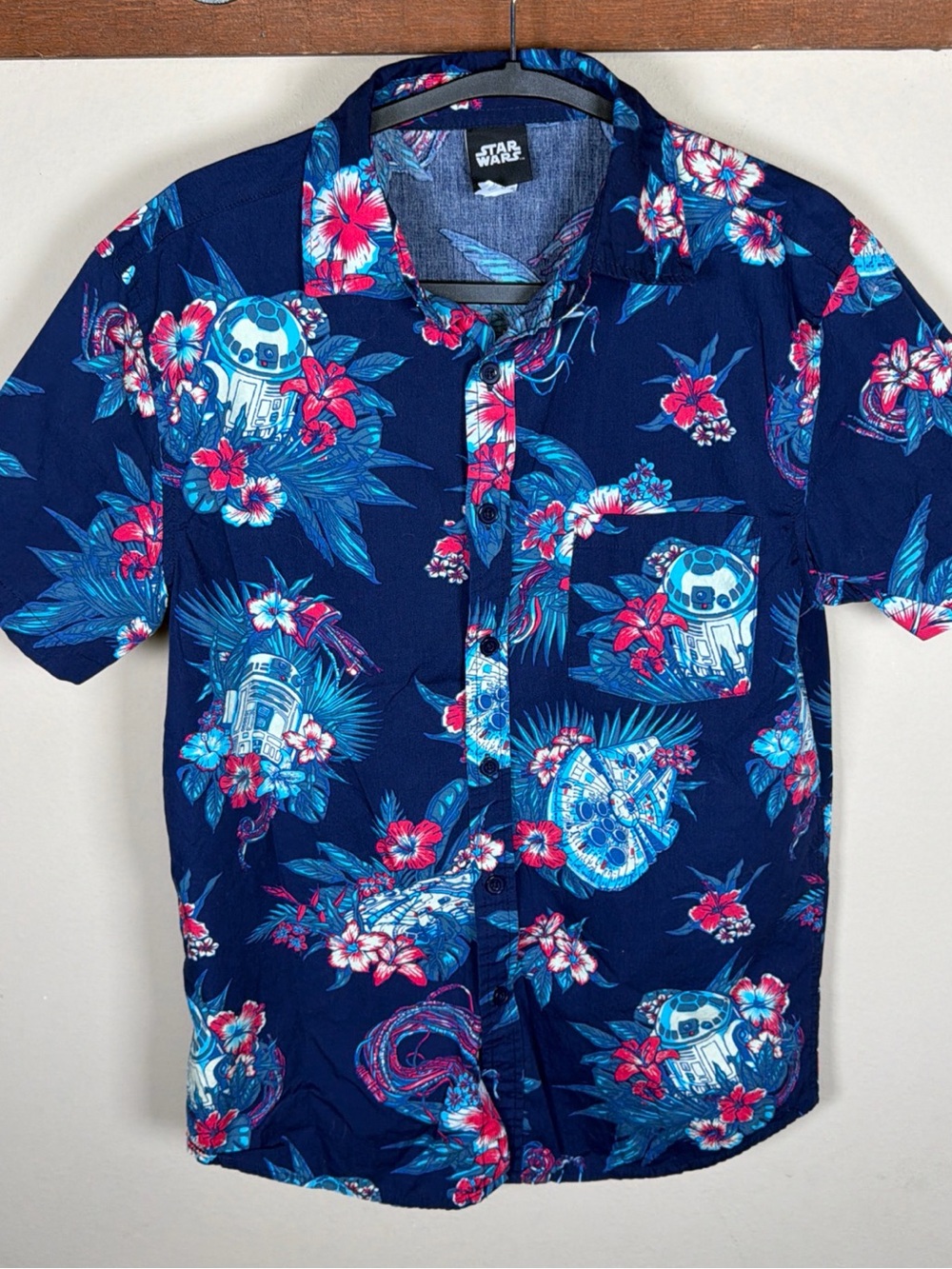 Star Wars R2D2 Navy Floral Hawaiian Button-Front Shirt with Pink Accents